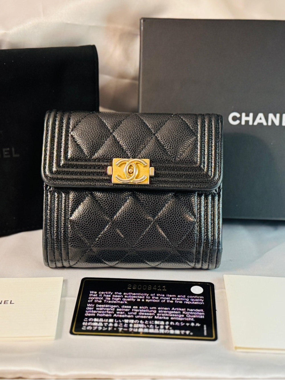 Chanel Boy Small Flap Quilted Grained Shiny Calfskin & Gold-Tone Metal Wallet